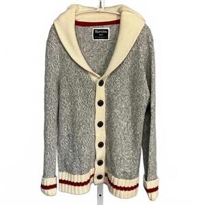 Vintage Bluenotes Gray and Cream Knit Cardigan Shall Collar Red Accents Preppy M